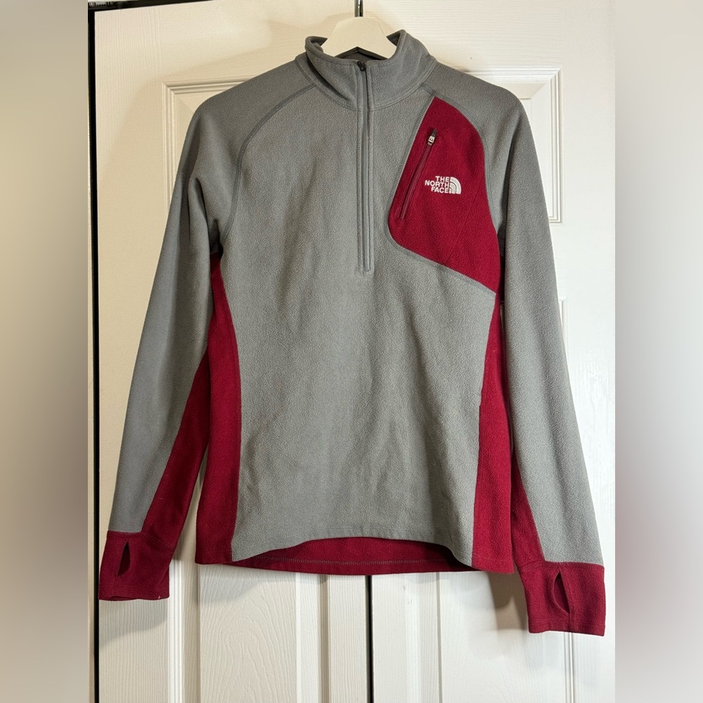 THE NORTH FACE Fleece Pullover Sweatshirt Mens Small 1/2 Zip Gray Red Thumb Hole